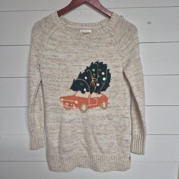 LC Lauren Conrad Sweaters - LC Lauren Conrad XS Cream Sweater With Festive Car & Tree Design Womens Long Sle